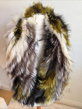 Finland Fox Fur Statement Shawl Collar Coat - Yellow, Brown & White